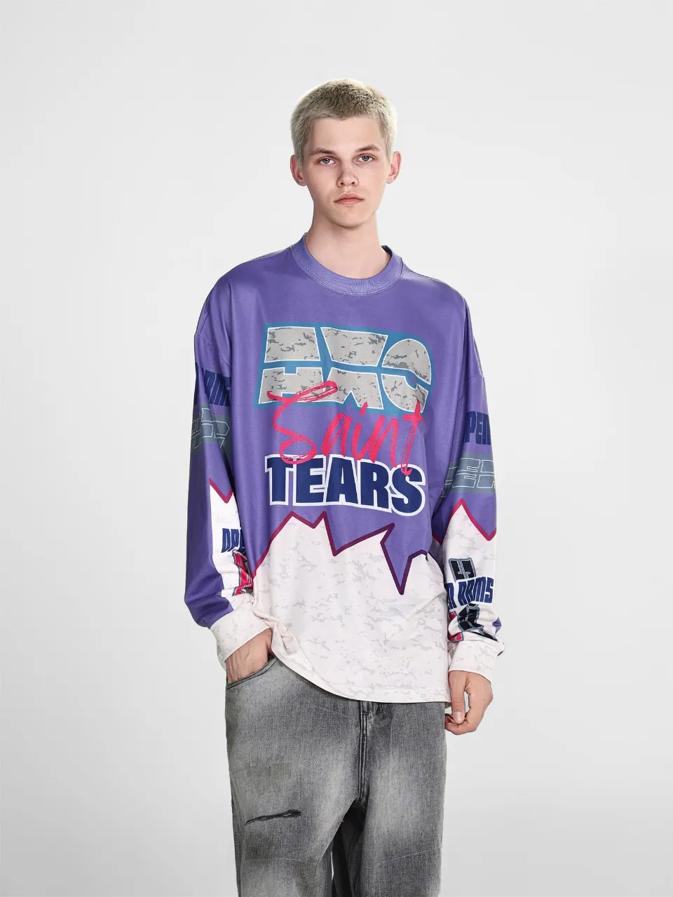 Saint michael tears all-over printed long-sleeved vintage autumn and winter T-shirt Style number: 111 Size: M L XL Wholesale price: 136 Color: black blue